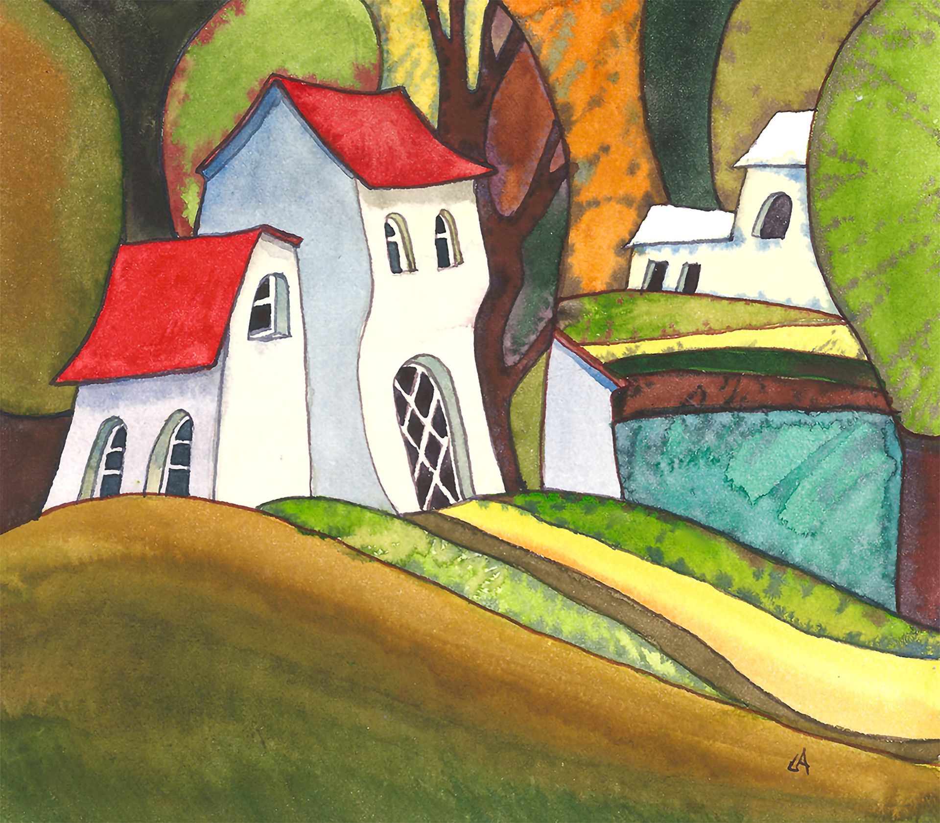 Александра Ларионова (Авторская графика - 
                  17 x 15 см) Дома на холме