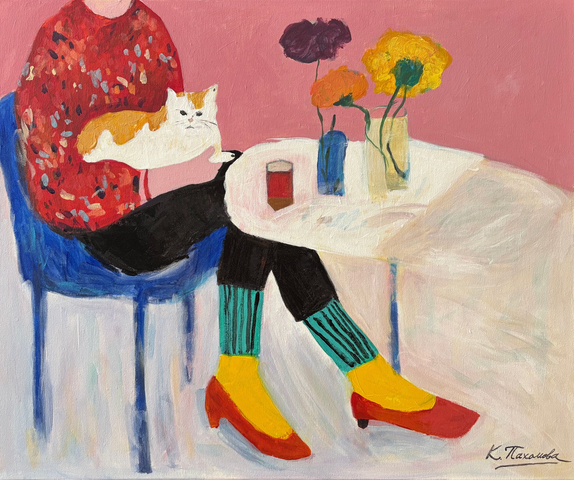 Катерина Пахомова (Картина, живопись - 
                  60 x 50 см) Девушка с котом и цветами