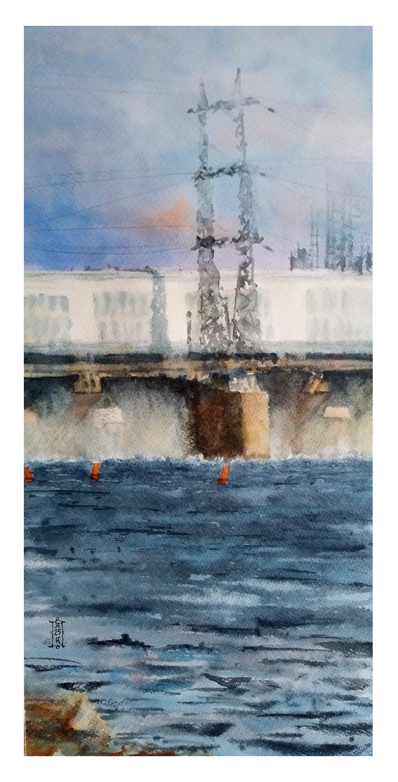 Александр Кормилицын (Авторская графика - 
                  21 x 42 см) Сброс воды на КамГЭС