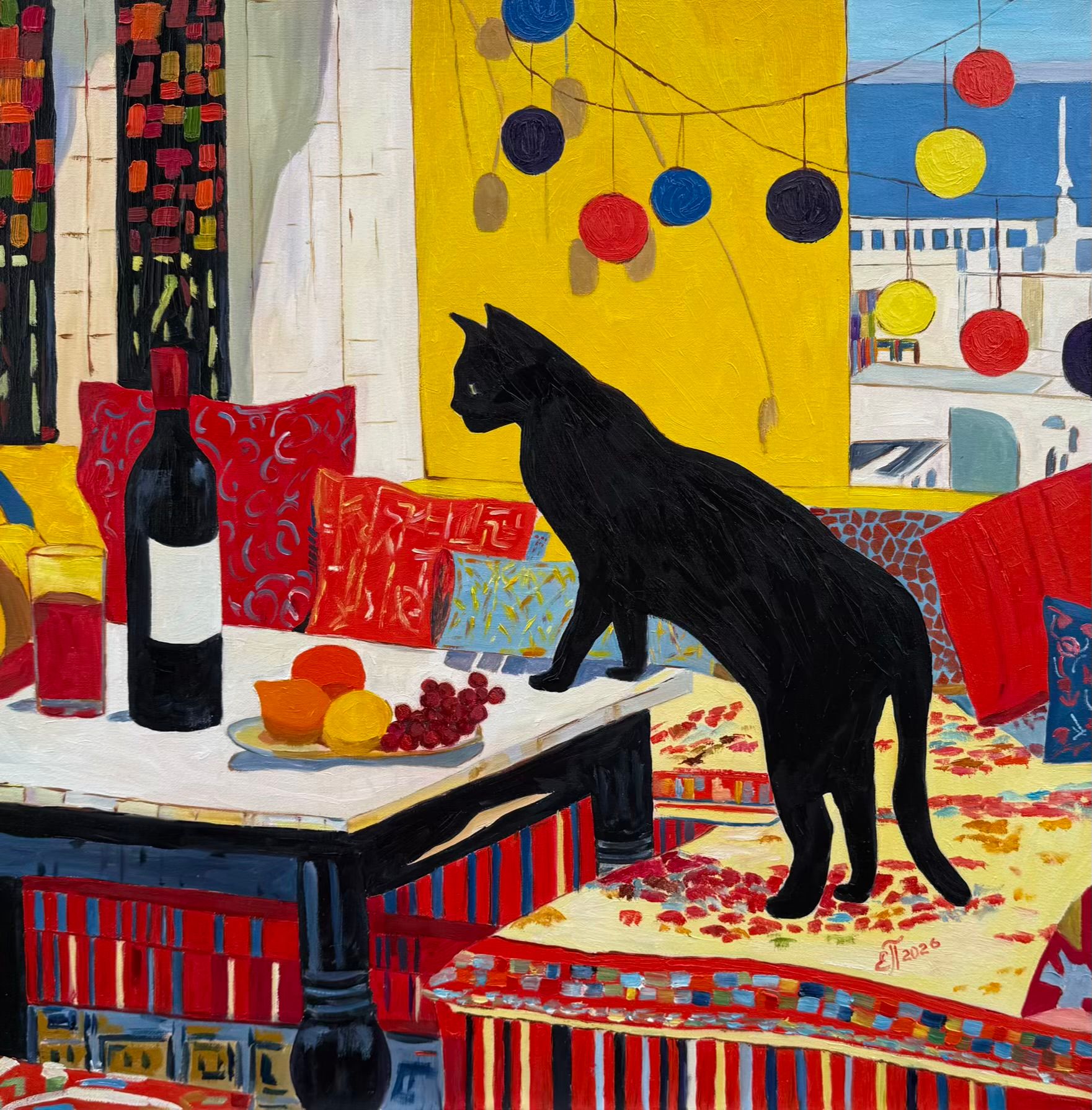 Елена Полищук (Картина, живопись - 
                  60 x 60 см) Вечерний визит Месье Нуар