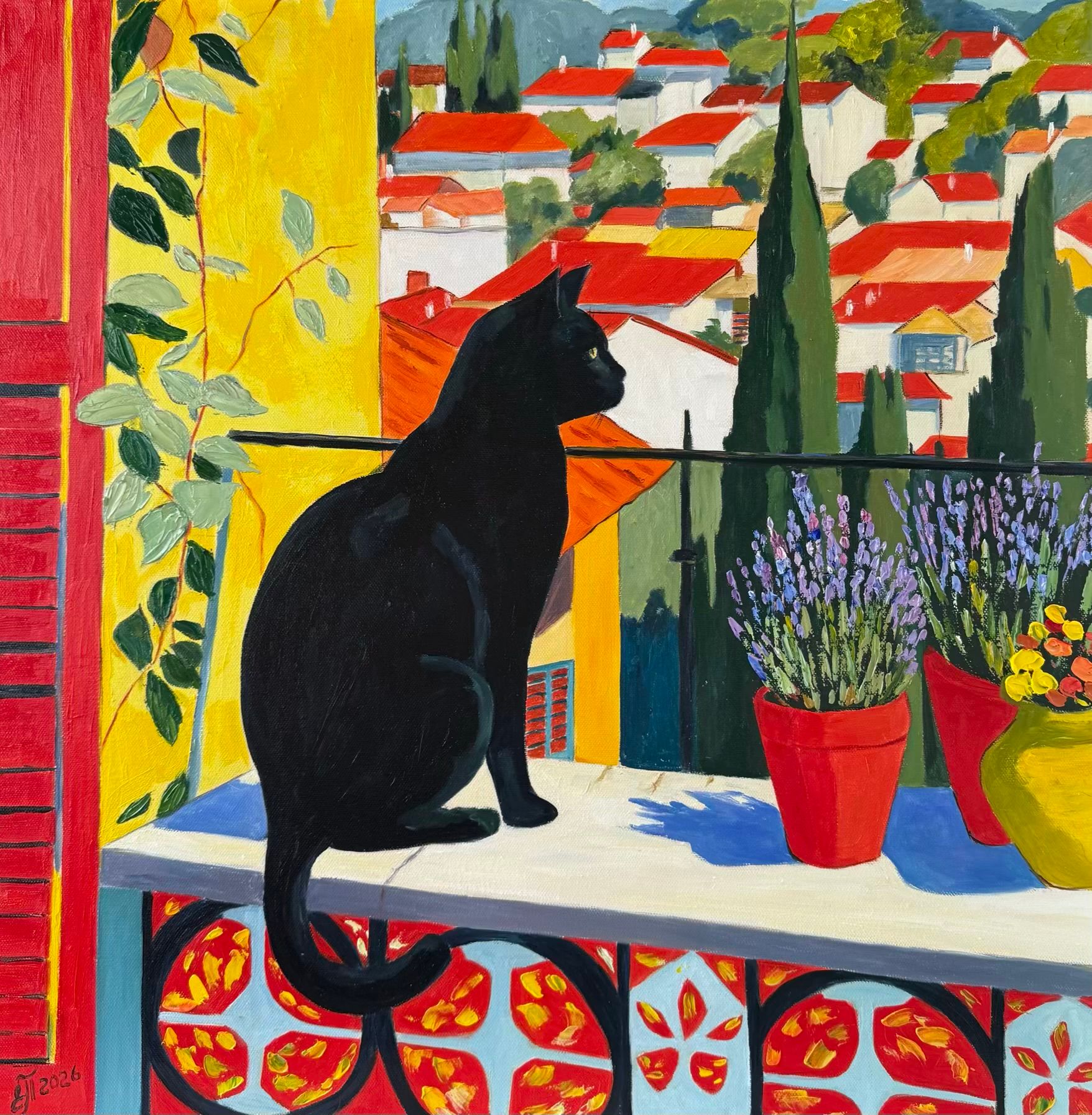 Елена Полищук (Картина, живопись - 
                  60 x 60 см) Месье Нуар над красными крышами