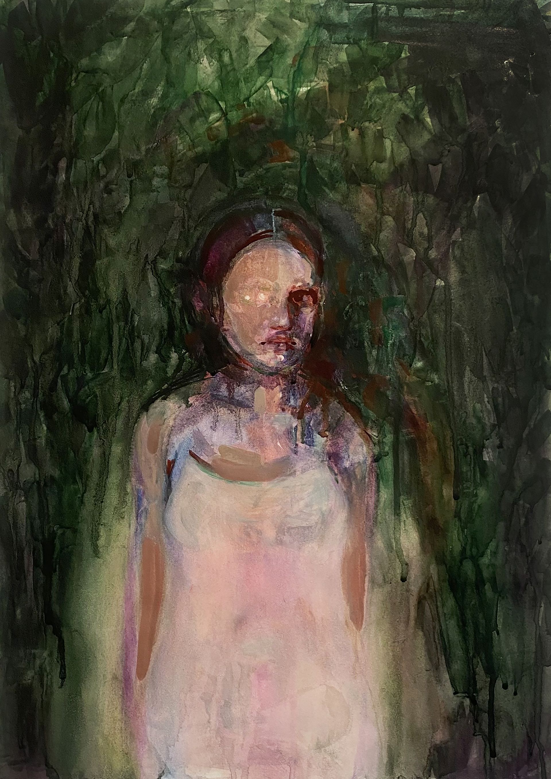 Оля Душкина (Авторская графика - 
                  43 x 61 см) Автопортрет на фоне кустов в белом платье