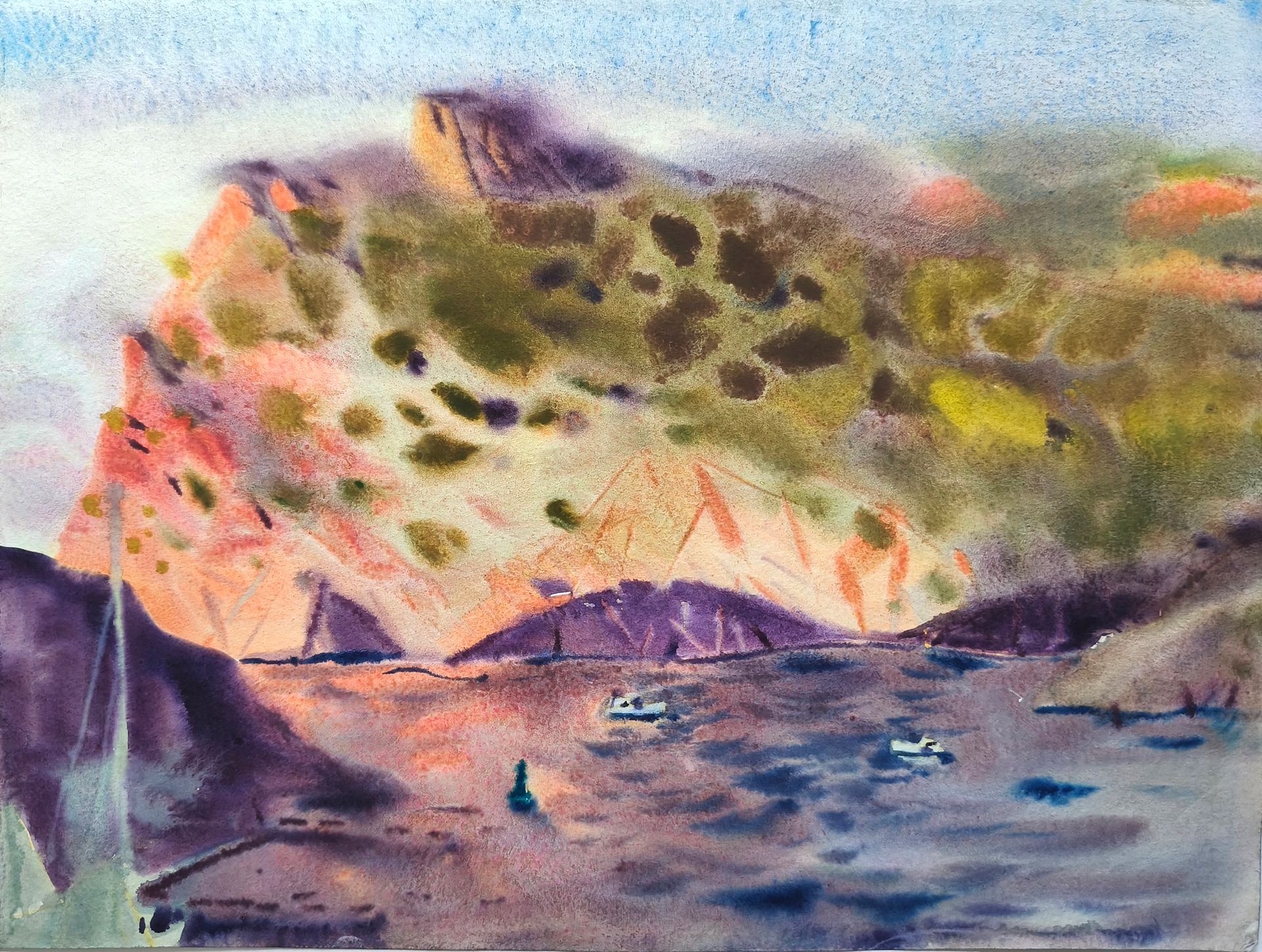 Евгения Сопова (Авторская графика - 
                  37 x 27 см) Бухта на закате