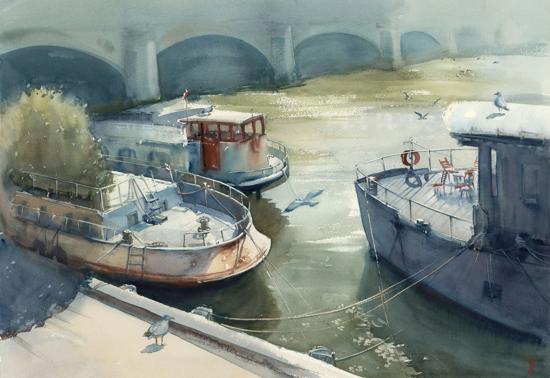 Виктория Севастьянова (Авторская графика - 
                  56 x 38 см) Корабли на Сене