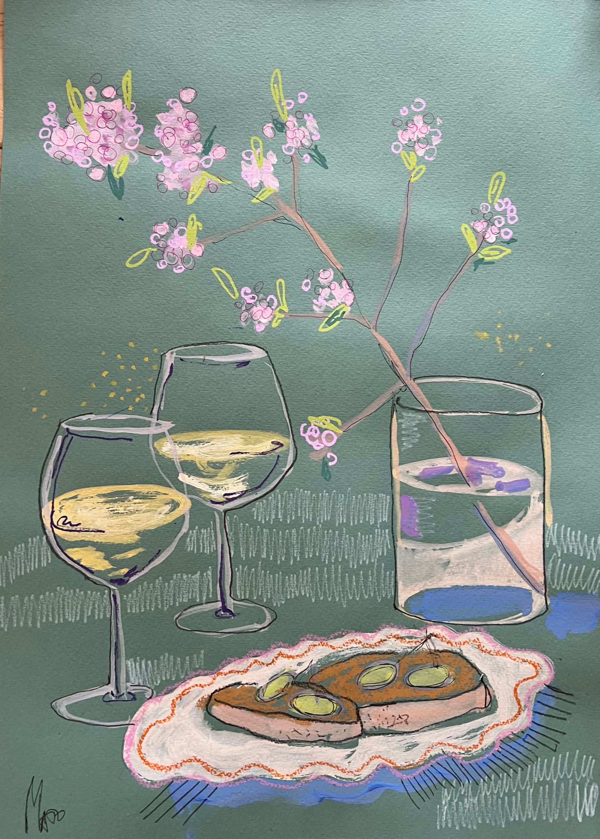 Александра Мато (Авторская графика - 
                  30 x 42 см) Вино и бутерброды