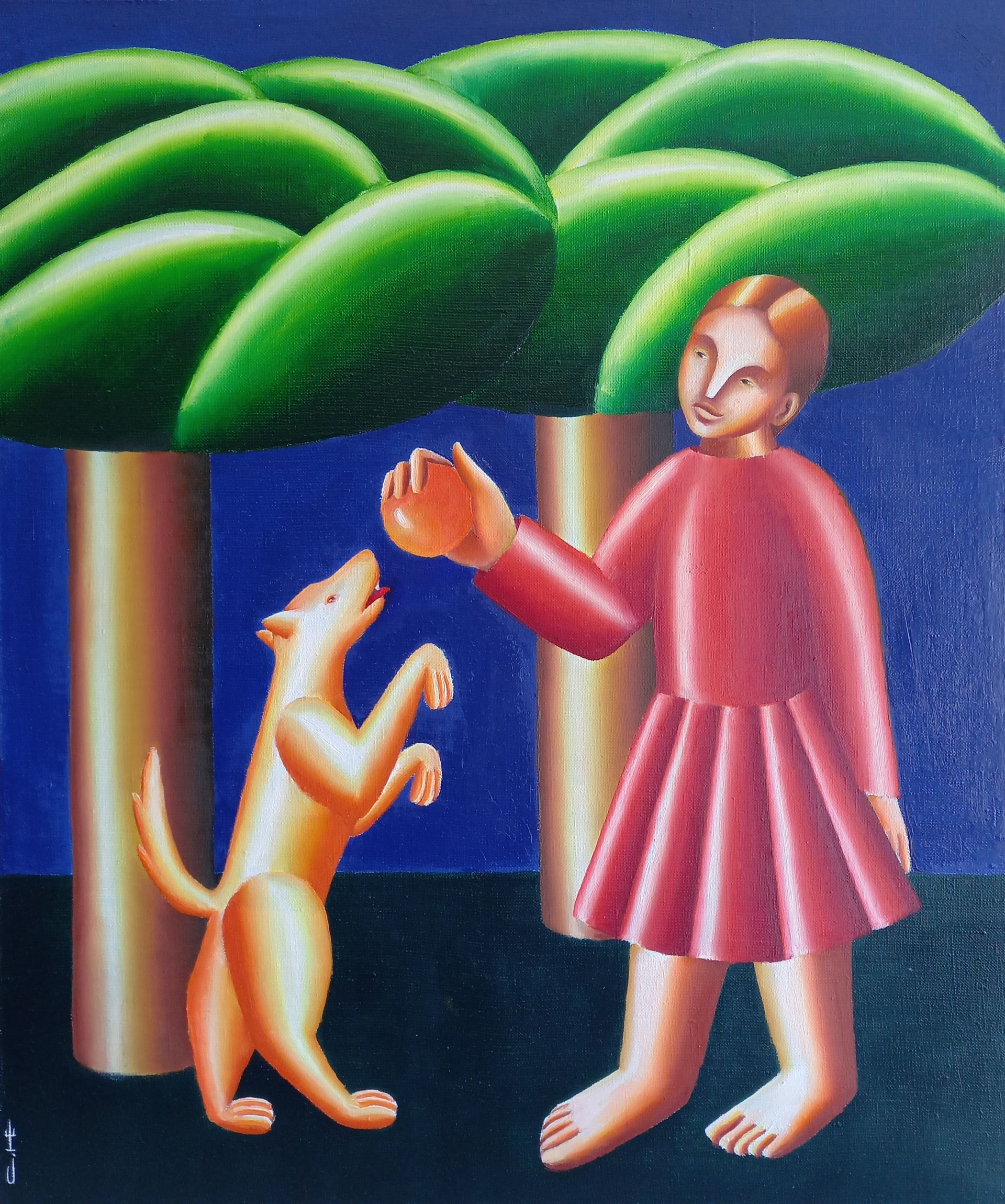 Саша Катинаускиене (Картина, живопись - 
                  50 x 60 см) Игра с собакой в лесу