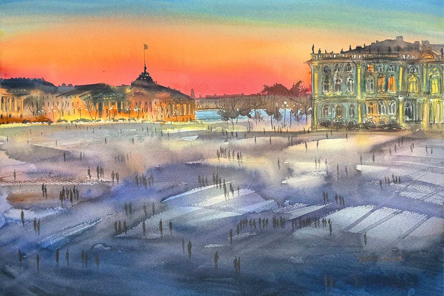 Юлия Третьякова (Авторская графика - 
                  56 x 38 см) Дворцовая площадь апрельским вечером