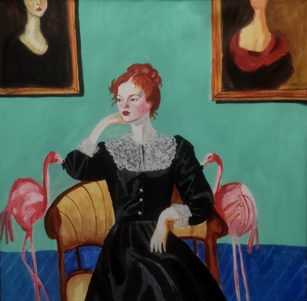 Ольга Чужакова (Картина, живопись - 
                  60 x 60 см) Девушка и фламинго
