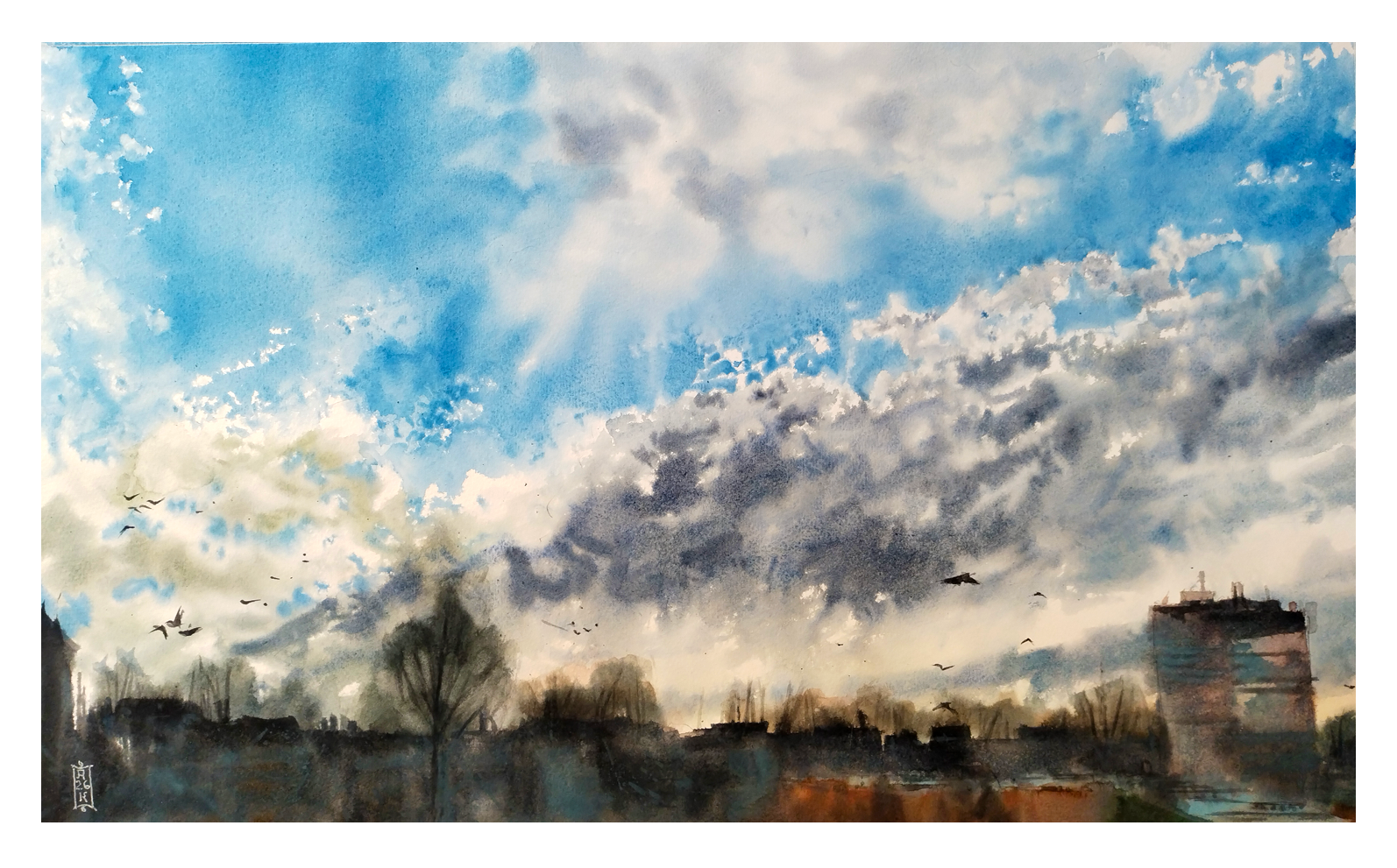 Александр Кормилицын (Авторская графика - 
                  59.5 x 35.7 см) Раннее утро в городе