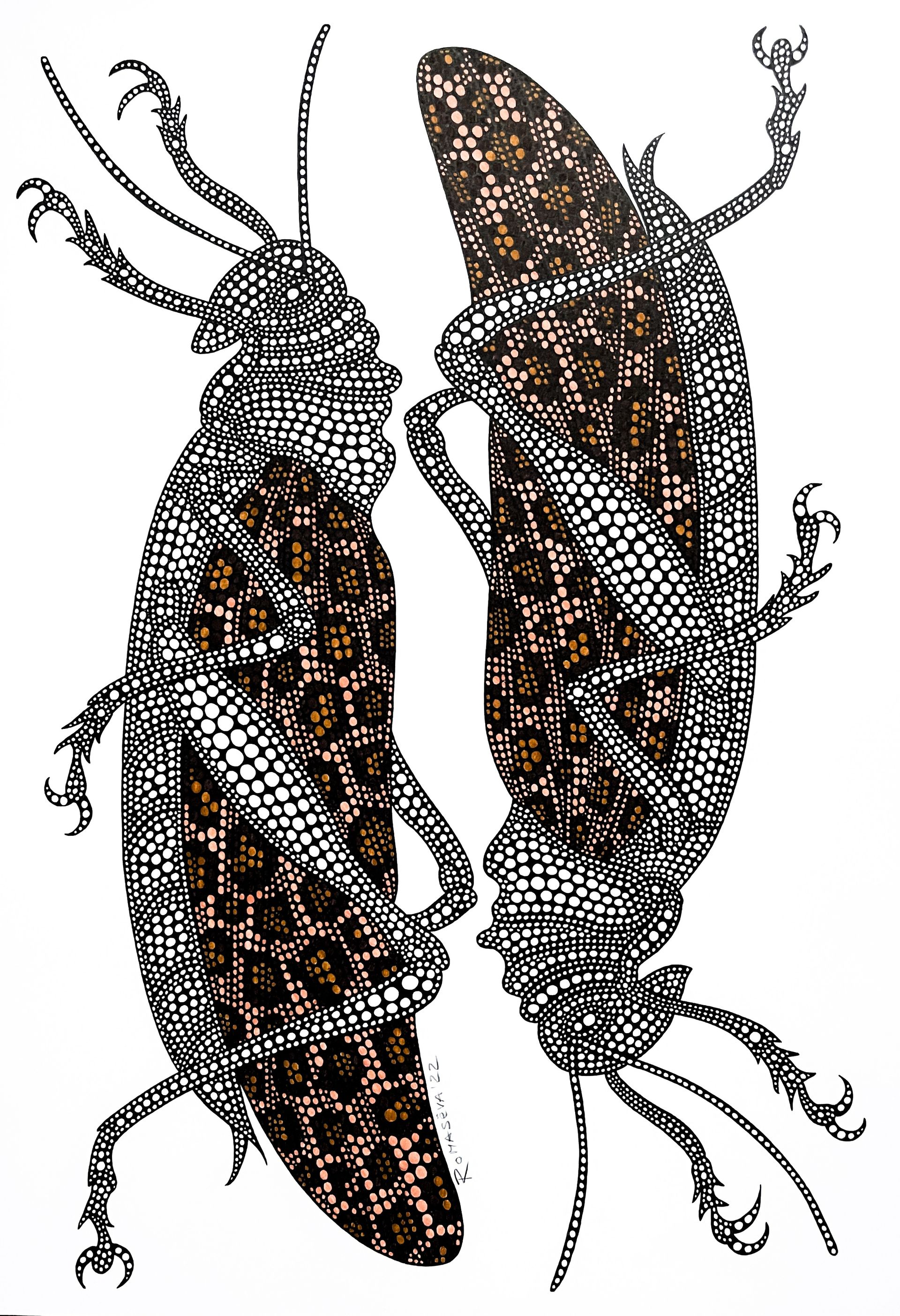 Юлия Ромасёва (Авторская графика - 
                  30 x 42 см) уТомлённые леопардовые кузнечики