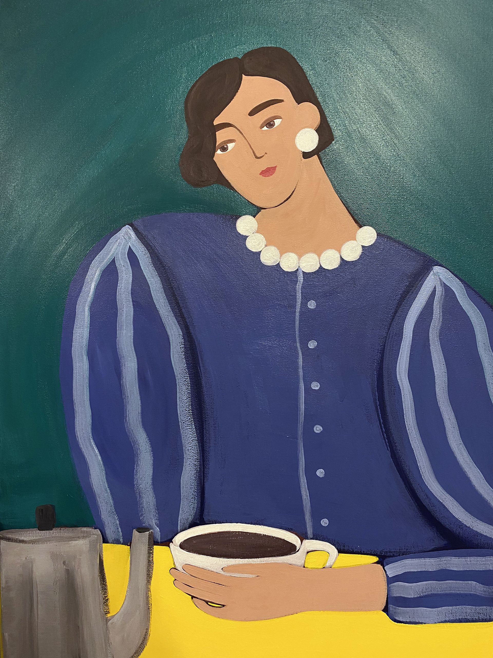 Ксения Хромцова (Картина, живопись - 
                  50 x 70 см) За чашкой кофе