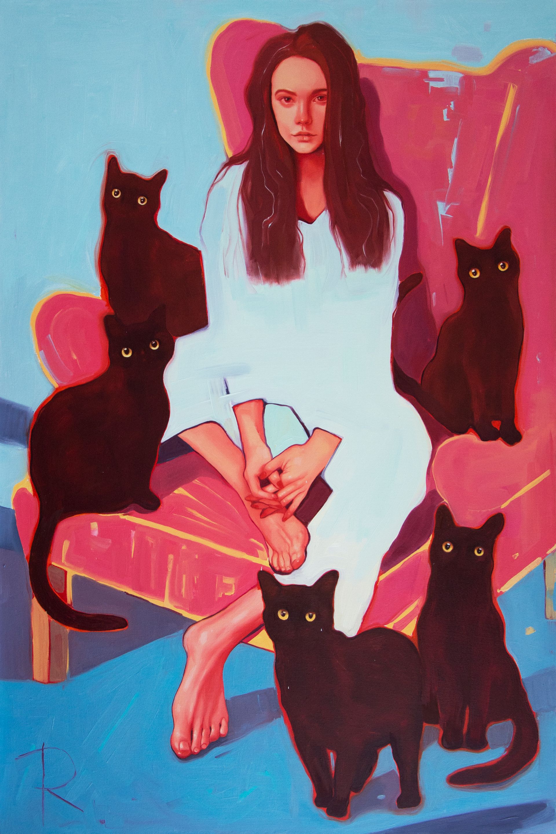Полина Раскольникова (Картина, живопись - 
                  80 x 120 см) Девушка и 5 черных котов (The girl with 5 black cats)