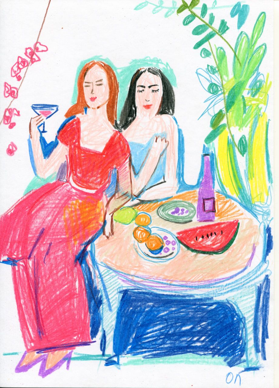 Олеся Лишаева (Авторская графика - 
                  21 x 30 см) Загадала желание и налила ещё