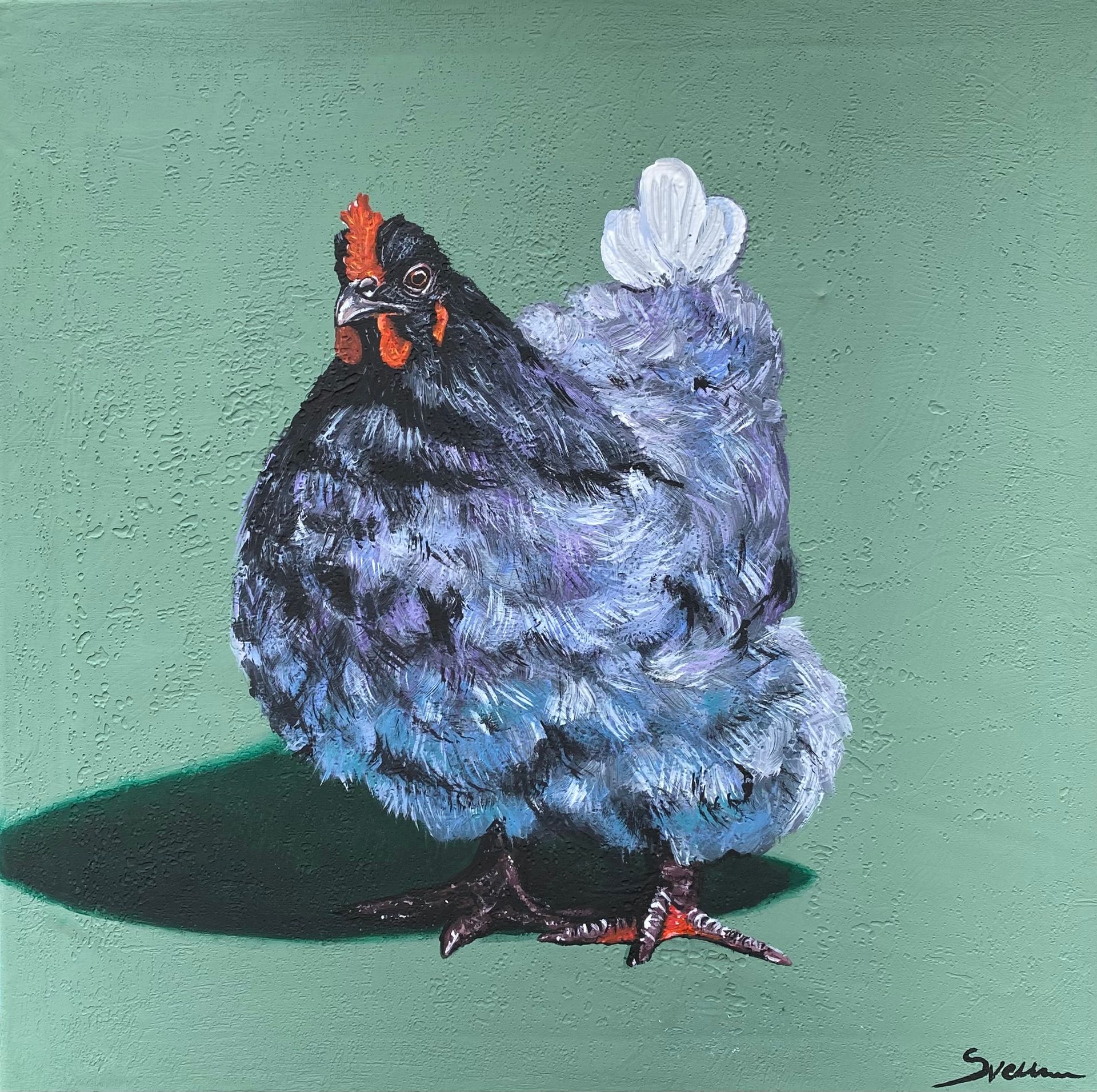 Светлана Евсеева (Картина, живопись - 
                  40 x 40 см) Серая курочка на туманно-зеленом фоне