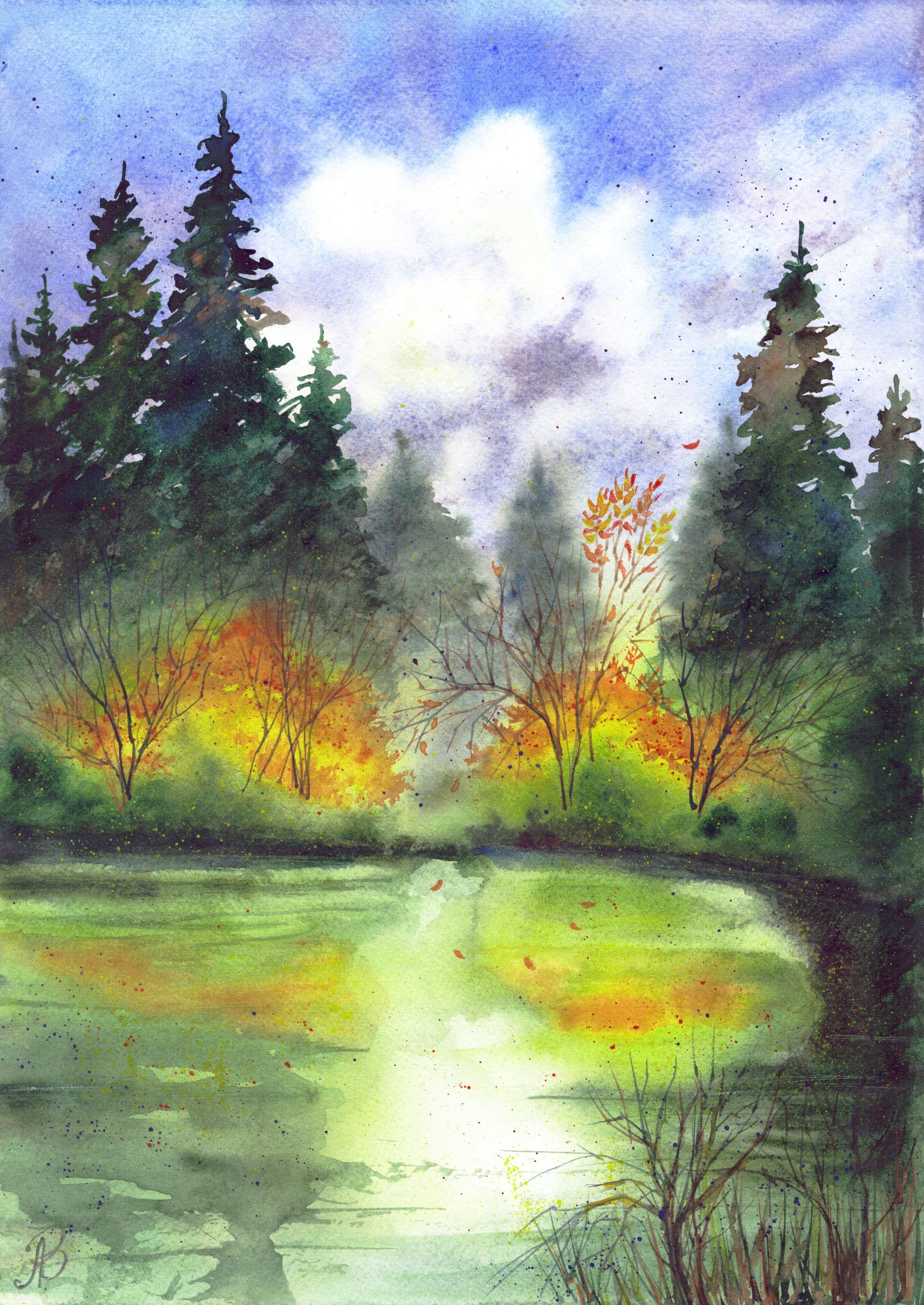 Алла Валежина (Авторская графика - 
                  30 x 42 см) Осень у пруда
