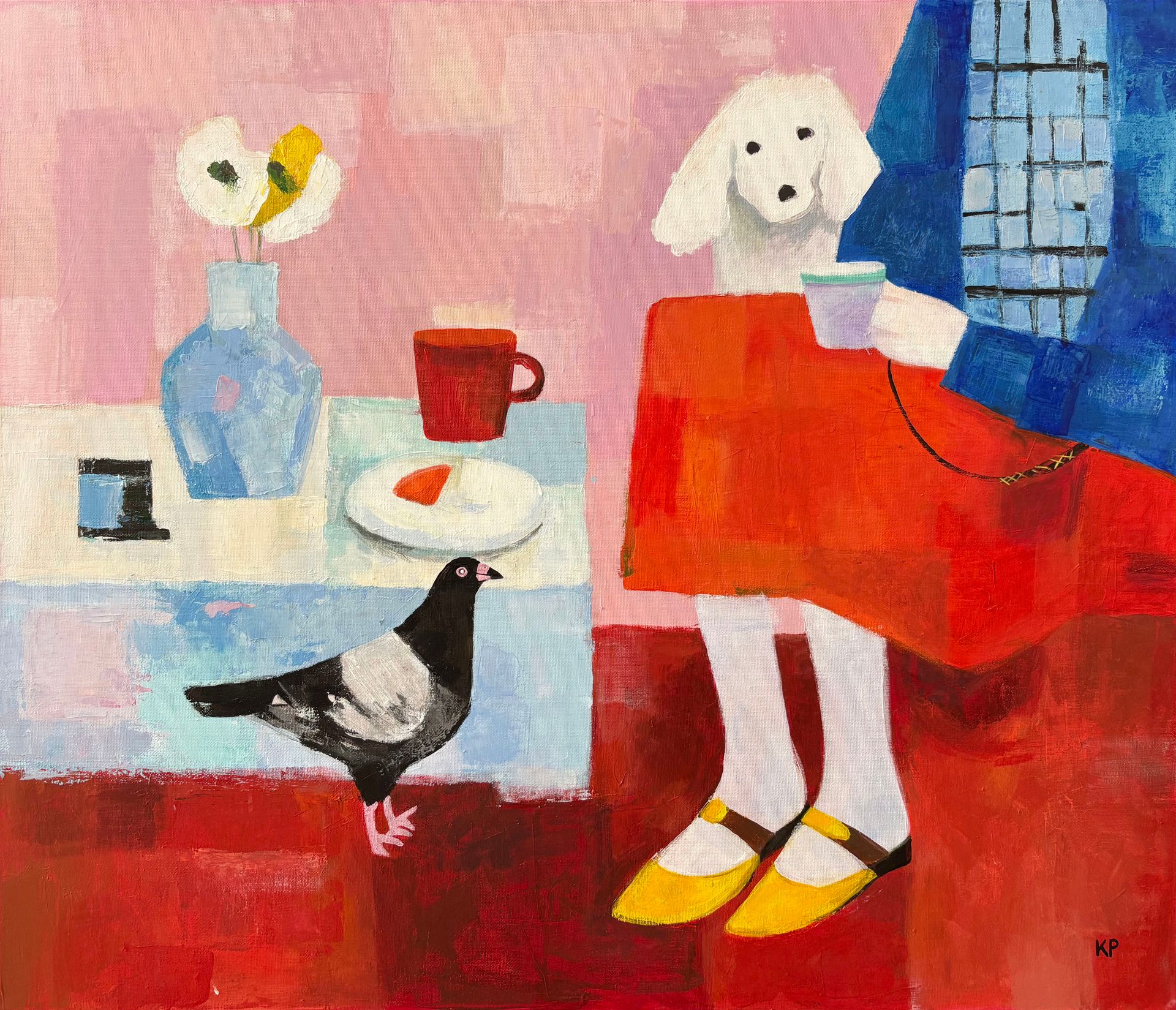 Катерина Пахомова (Картина, живопись - 
                  70 x 60 см) Чаепитие с собакой и голубем