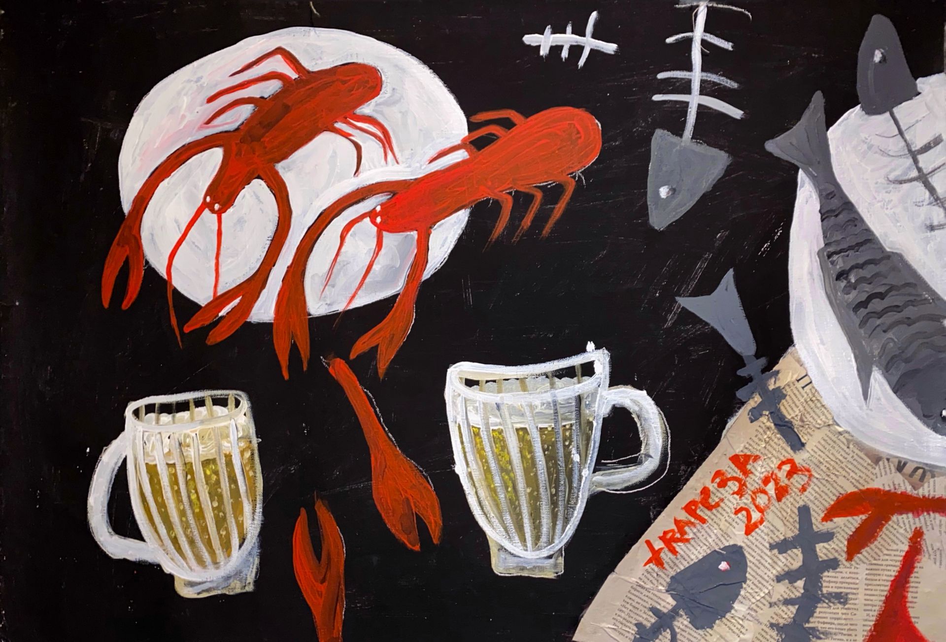 Анастасия Трапезникова (Картина, живопись - 
                  75 x 65 см) Still life with beer and fish