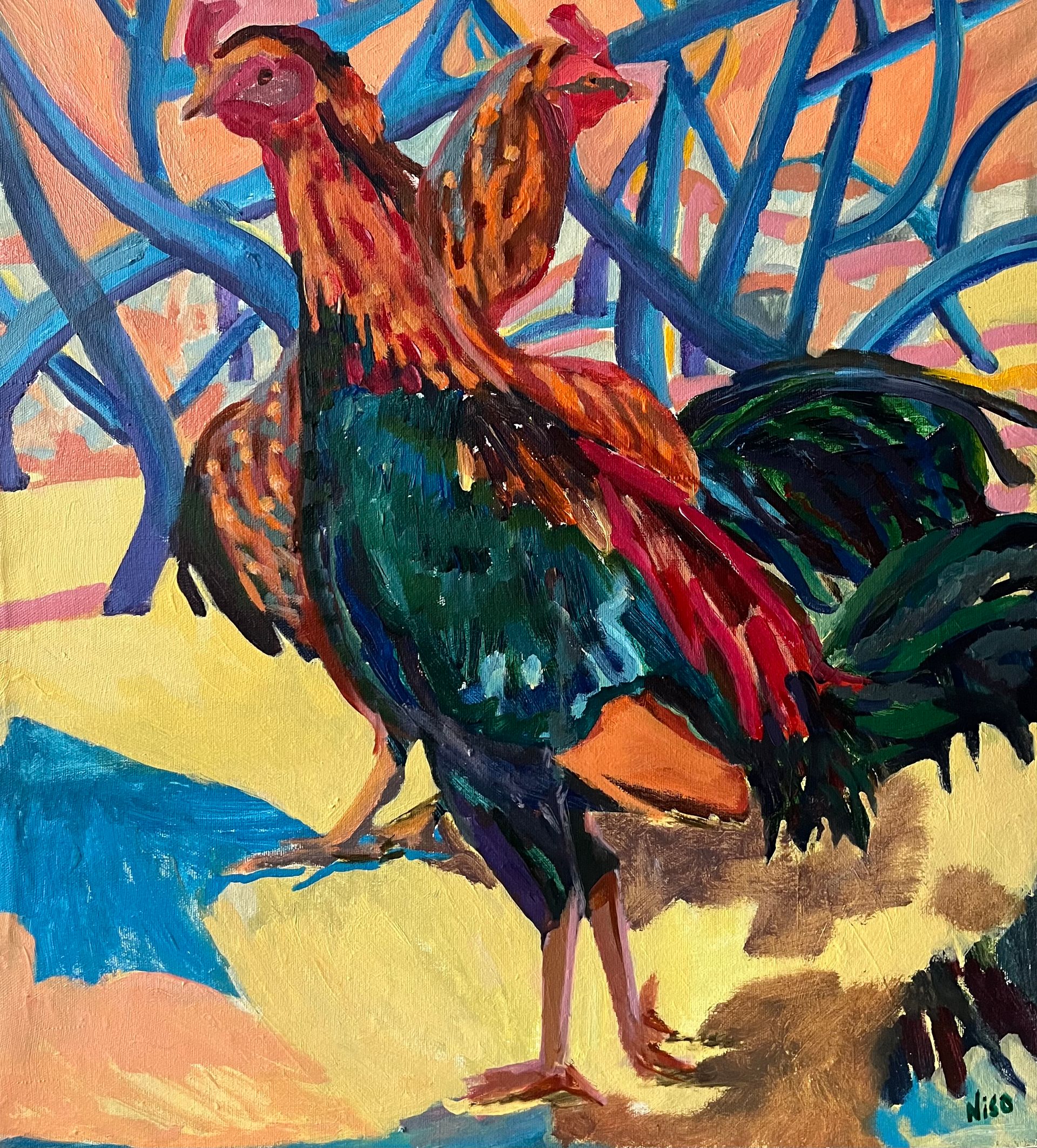 Нисо Атаханова (Картина, живопись - 
                  56.5 x 63 см) Петухи