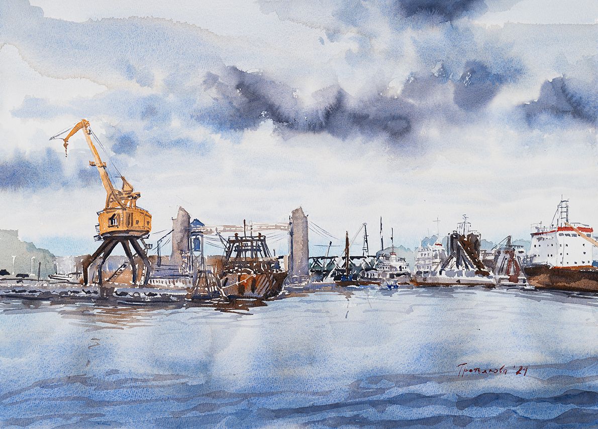 Юлия Третьякова (Авторская графика - 
                  54 x 37.6 см) Калининградский порт с воды
