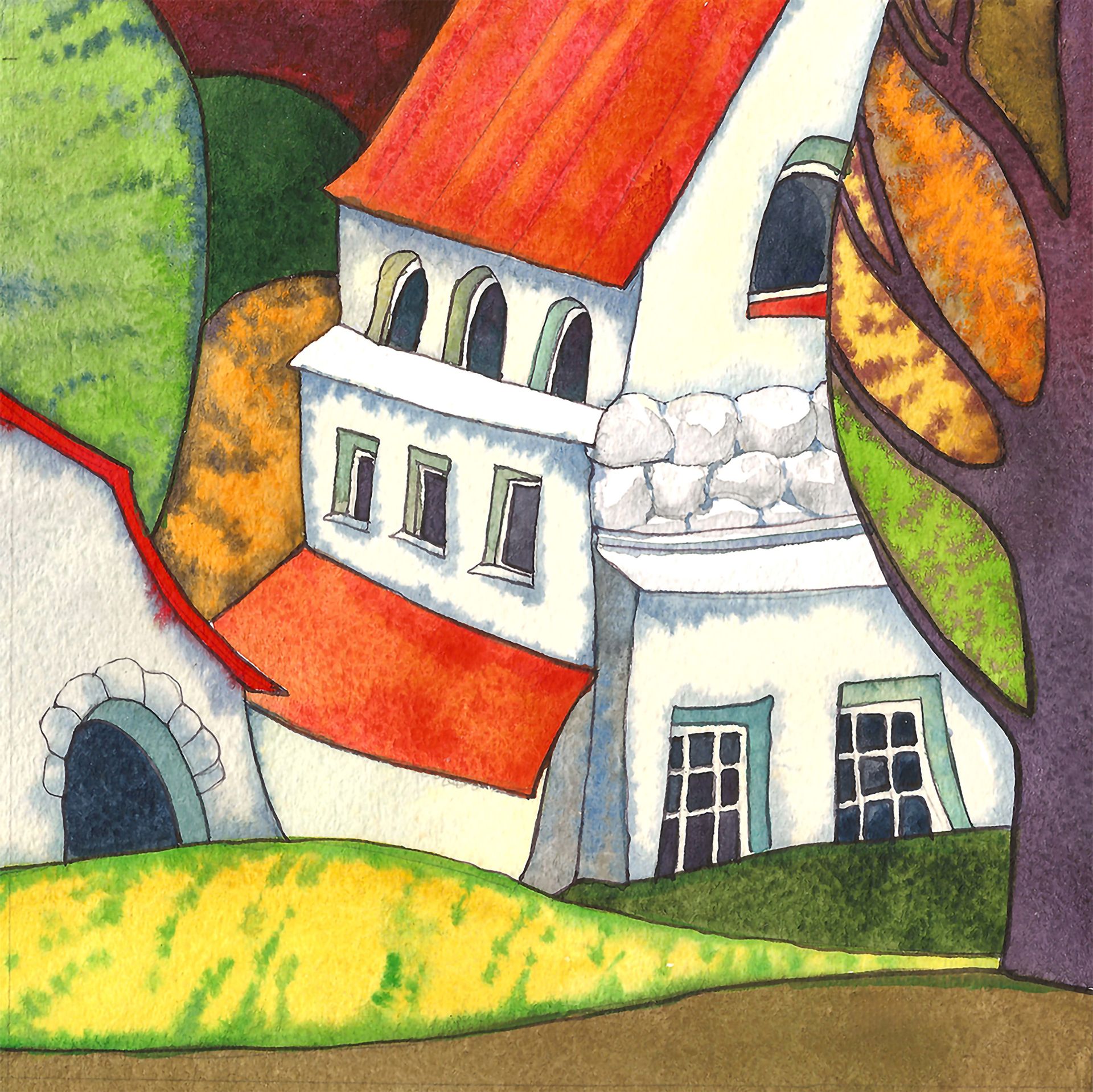 Александра Ларионова (Авторская графика - 
                  17 x 17 см) Дом под красной крышей