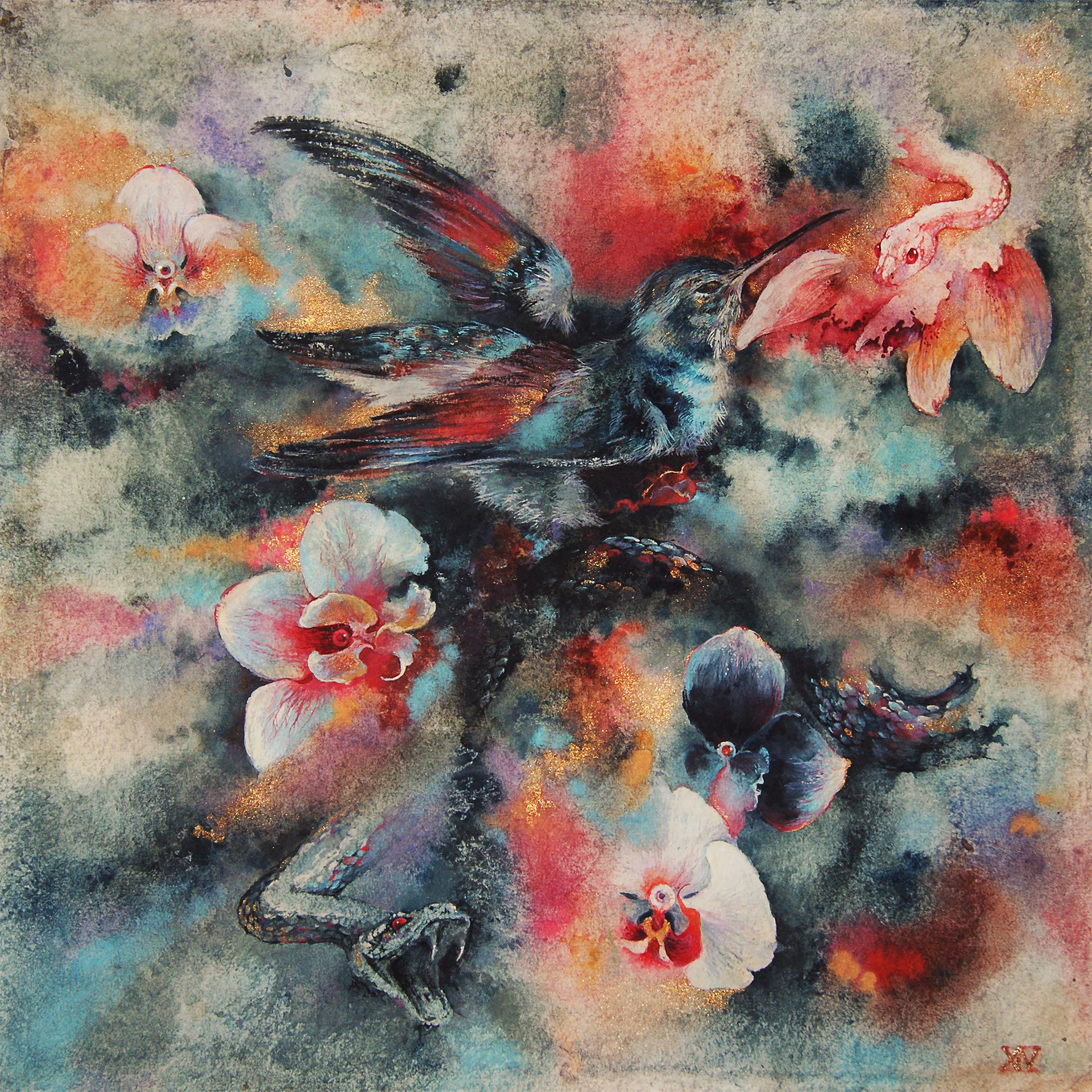 Ксения Наймушина (Авторская графика - 
                  50 x 50 см) Orchids snakes and dead hummingbird