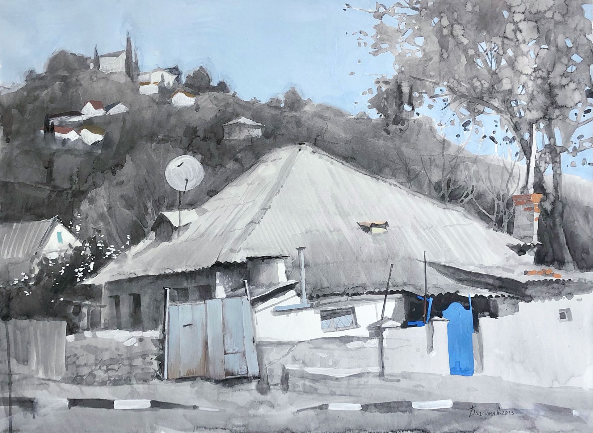 Надежда Болдина (Авторская графика - 
                  74 x 55 см) Дом с синей калиткой