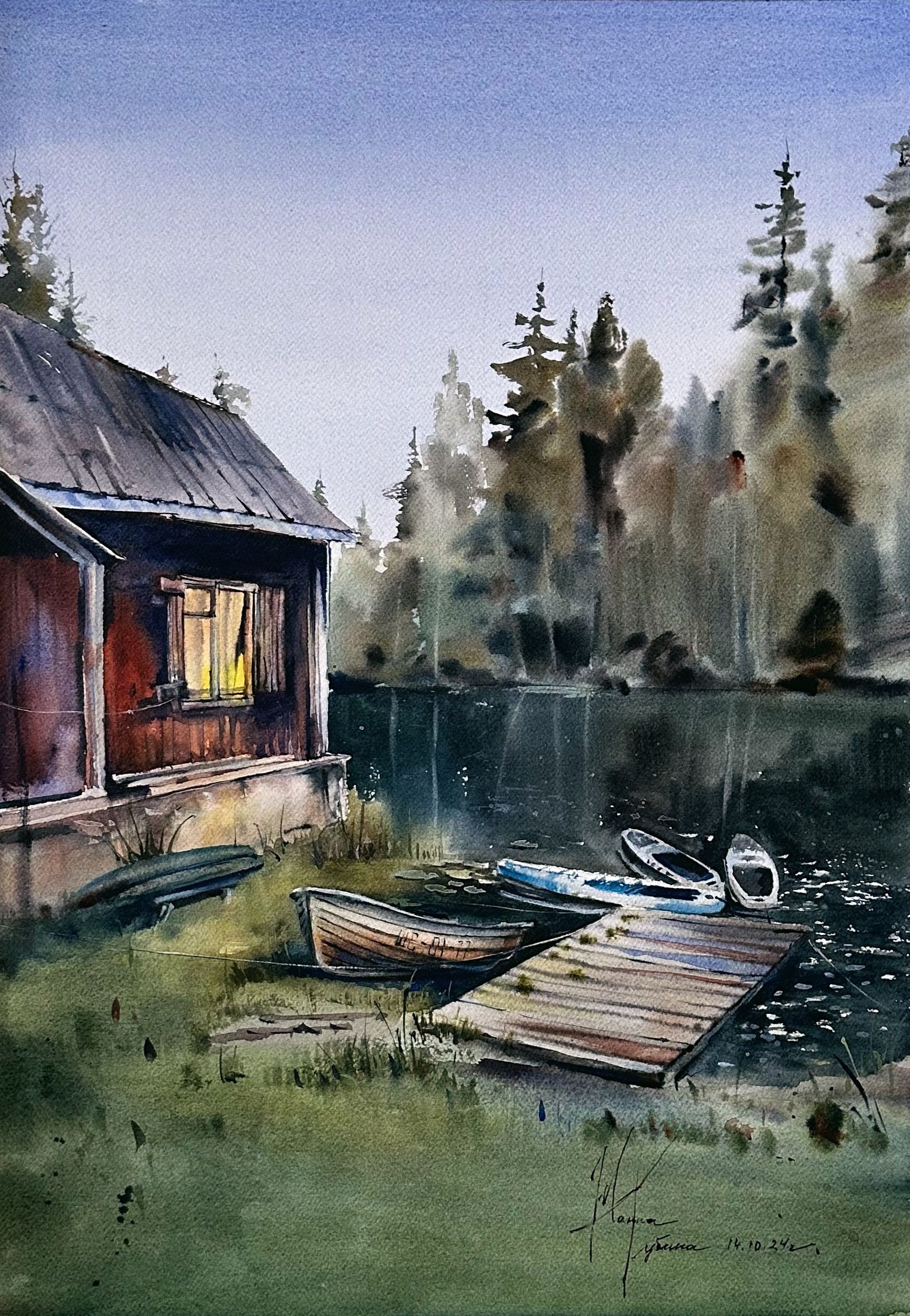 Жанна Губина (Авторская графика - 
                  36 x 51 см) Мельница на реке