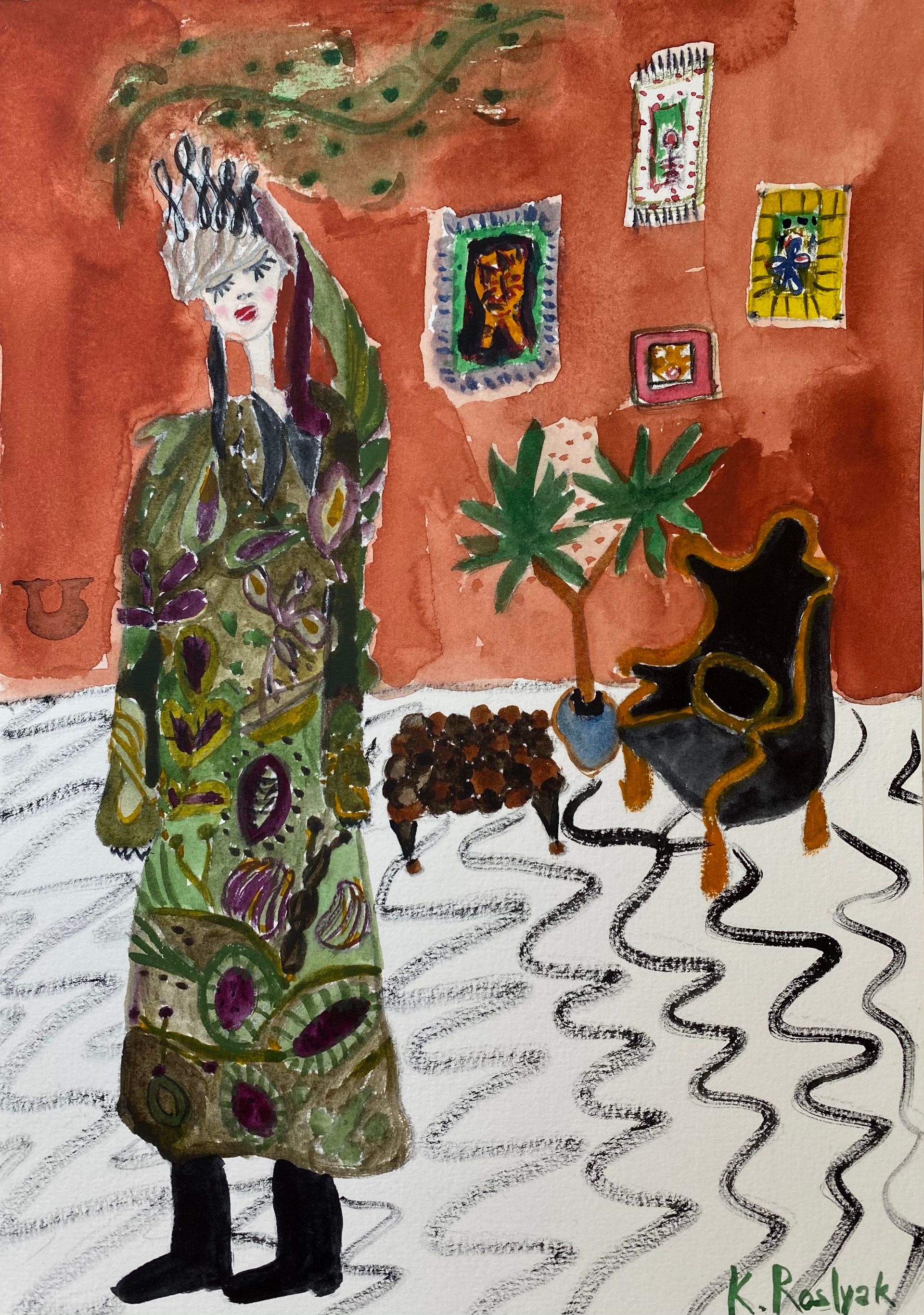 Каролина Росляк (Авторская графика - 
                  21 x 29.7 см) Coat by Salvatore Ferragamo 