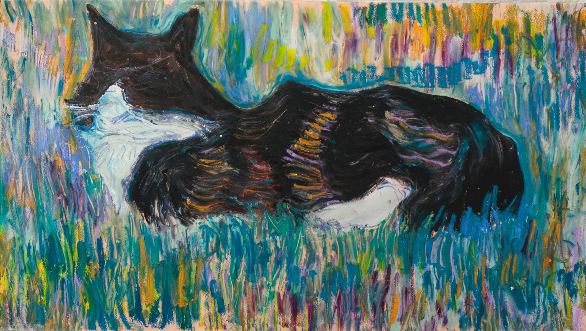 Саша Медведева (Авторская графика - 
                  70 x 38 см) Кот, безмятежно спящий возле заправки, той самой, с которой открылся вид на целое поле подсолнухов