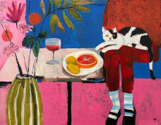 Кот, цветы, вино