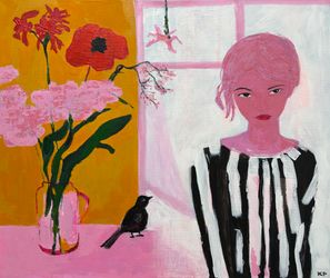 Девушка с розовыми волосами у окна