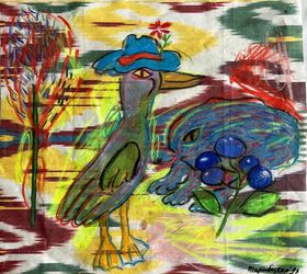 Утка в шляпе под кустом голубики и жабка