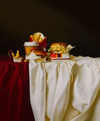 Натюрморт с двумя бургерами, картошкой и кофе