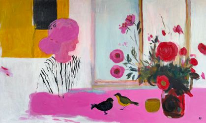 Девушка с розовыми волосами, цветы и птицы