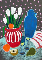 Тюльпаны, фрукты и голубой гость