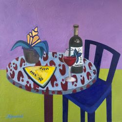 Натюрморт с синим стулом и желтым арбузом