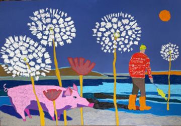 Пейзаж с рыбаком и одуванчиками