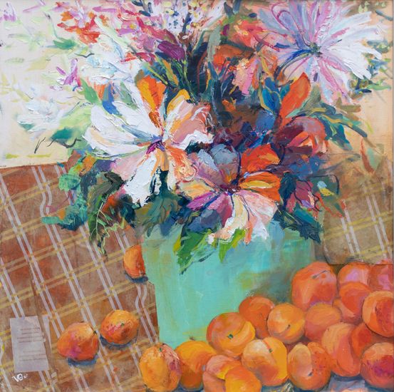 Натюрморт с цветами и абрикосами