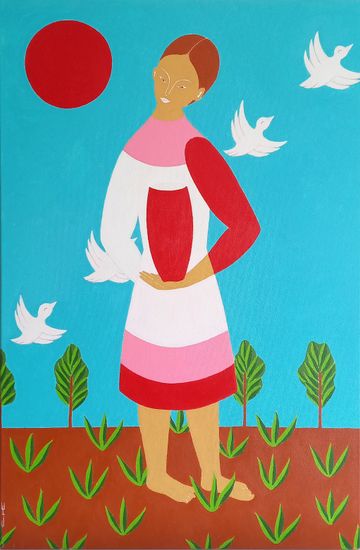 Девушка, красный кувшин и белые птицы