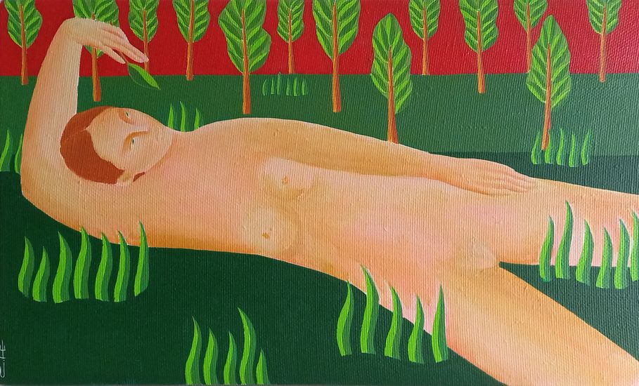 Девушка с листиком, лежащая на траве