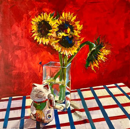 Остап Бакин (Картина, живопись - 
                  60 x 60 см) Манэки-Нэко и цветы
