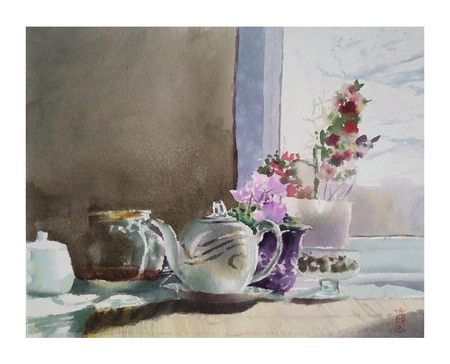 Александр Кормилицын (Авторская графика - 
                  29.5 x 23.3 см) Натюрморт с чайником и цветами