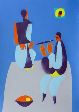Александр Бирук (Авторская графика - 
                  30 x 42 см) Флейтист и девушка