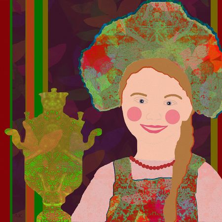 Лариса Корж (Графика цифровая (принты) - 
                  35 x 35 см) У самовара