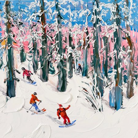 Кристина Толмачева (Картина, живопись - 
                  40 x 40 см) Последние в лесу. Лыжники и сноубордисты