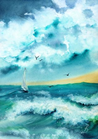 Алла Валежина (Авторская графика - 
                  30 x 42 см) Про море и смельчака, который поймал волну