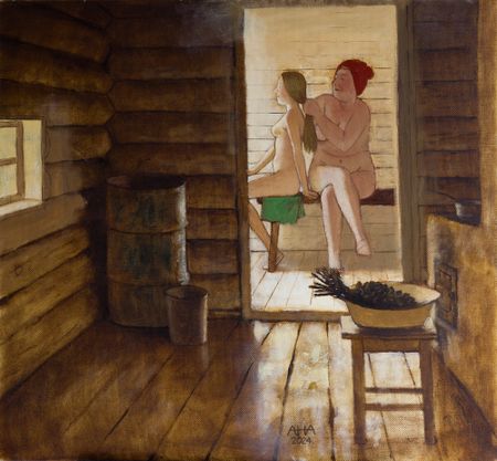 Андрей Аверьянов (Картина, живопись - 
                  75 x 70 см) Семья в бане