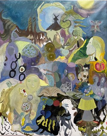 Галя Фадеева (Картина, живопись - 
                  40 x 50 см) В комнате сновидца: танцующий хлеб с маслом, несущаяся вода и кошка