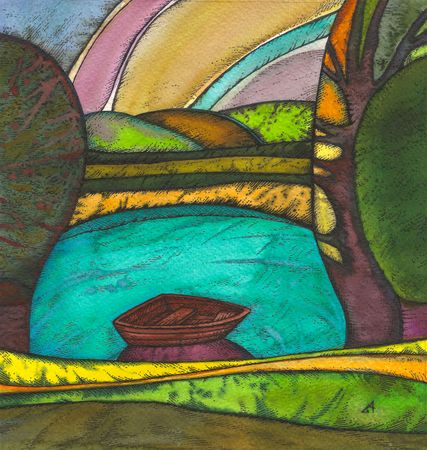 Александра Ларионова (Авторская графика - 
                  19 x 20 см) Лодка. Тишина