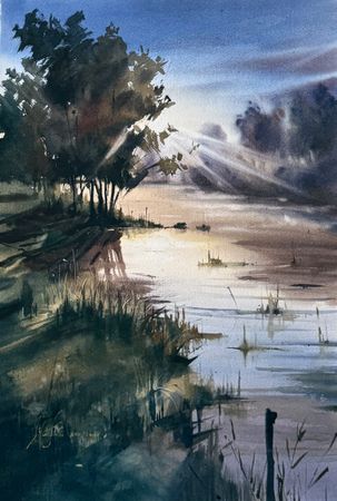 Жанна Губина (Авторская графика - 
                  38 x 56 см) Рассвет на пруду